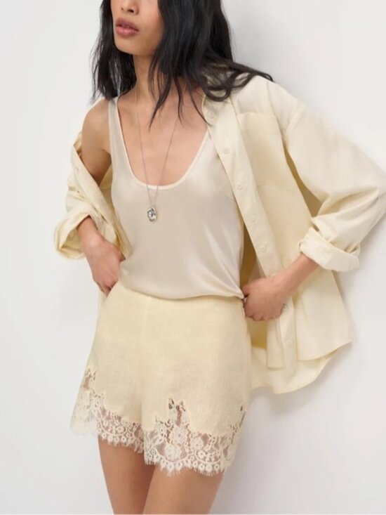 Reformation Pants - NEW Reformation Fern Sugar Yellow Lace Trim Linen Shorts Elastic Waist | US M